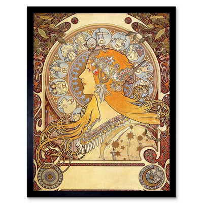 Wee Blue Coo Alphonse Mucha Zodiac 1896 Old Master Painting 12X16" Framed Wall Art Print from B&Q