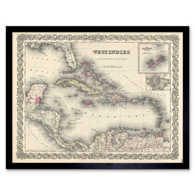 Artery8 Framed Wall Art 1855 Colton Vintage Detailed Map The West Indies Bermuda Islands12X16 Inch from B&Q