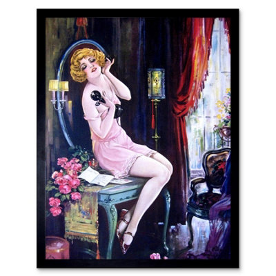 Artery8 Painting Deco Flapper Woman Candlestick Telephone Framed Wall Art Print from B&Q