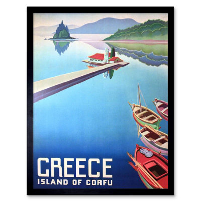 Wee Blue Coo Travel Island Corfu Greece Boats Pier 12X16" Framed Wall Art Print from B&Q