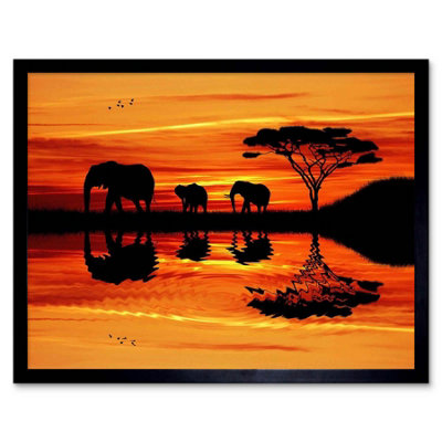 B&Q -  Photo Composition African Elephant Silhouette Sunset Framed Wall Art Print