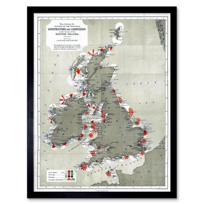 B&Q -  Map Antique 1884 Price Lighthouses Lightships British Isles Framed Wall Art Print