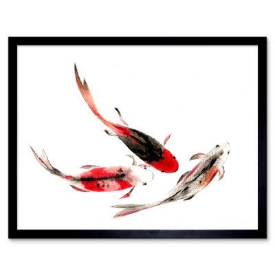 Wee Blue Coo Japanese Koi Carp Fish Black And Red 12X16" Framed Wall Art Print from B&Q