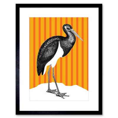 B&Q -  Wall Art Print Tall Birds On Stripes Black Stork Orange Artwork Framed 9X7 Inch