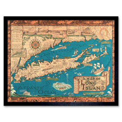 Artery8 Framed Wall Art Vintage Pictorial Historical Map Long Island New York Smith 1933 – 12X16 Inch