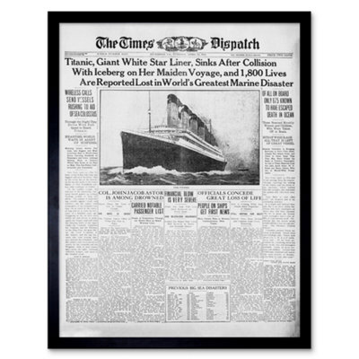 Artery8 Newspaper Front Sheet Page Titanic Disaster 1912 Times Despatch Framed Wall Art Print