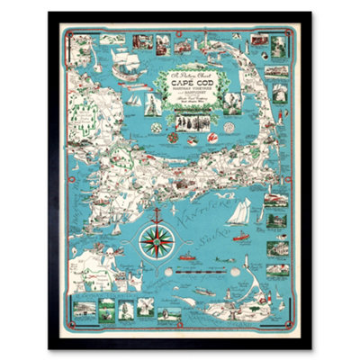 Artery8 Framed Wall Art Ernest Chase 1949 Bright Pictorial Map Cape Cod Nantucket Massachusetts12X16 Inch from B&Q