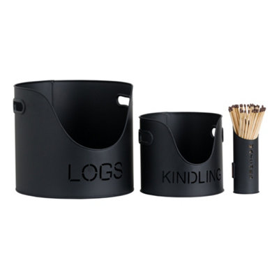 B&Q -  Three Piece Fire Wood Bucket Set Black (One Size)