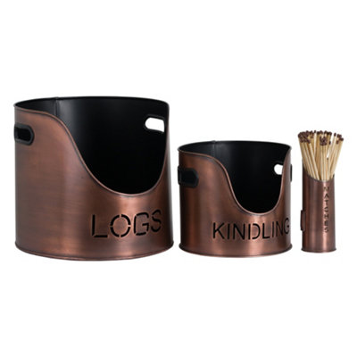 Hill Interiors Three Piece Fire Wood Bucket Set Copper (One ) 32Cm