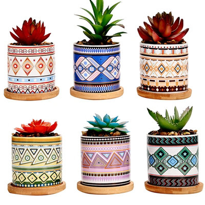 Simpa 6Pc Natural Pattern Ceramic Plant Pots With Bamboo Base from B&Q