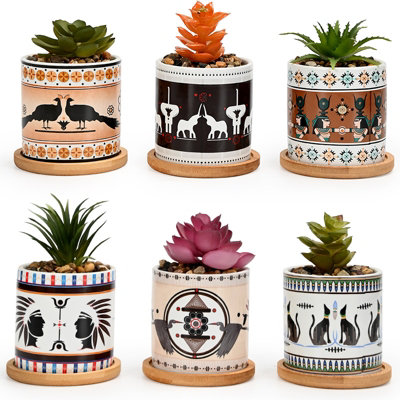 Simpa 6Pc Egyptian Mixed Pattern Ceramic Plant Pots With Bamboo Base from B&Q