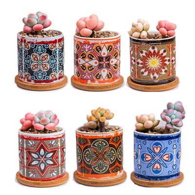 Simpa 6Pc Retro Pattern Ceramic Plant Pots With Bamboo Base from B&Q