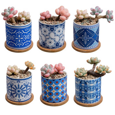 Simpa 6Pc Oriental Pattern Ceramic Plant Pots  With Bamboo Base from B&Q