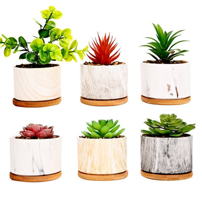 Simpa 6Pc Mixed Colour Pattern Ceramic Plant Pots With Bamboo Base from B&Q