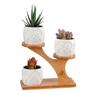 Simpa 3Pc White Owls Ceramic Plant Pots On Perch Stand from B&Q