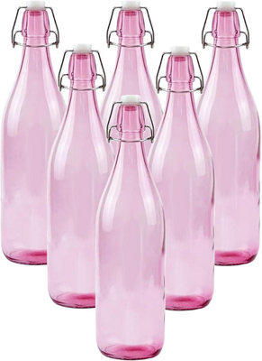 B&Q -  6Pc Pink 1L Glass Bottles With Swing Top Lids1 Litre