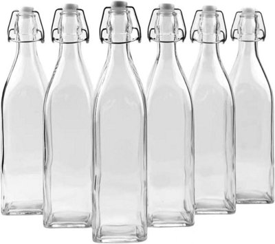 Simpa 6Pc Clear 1L Square Bottles & White Swing Top Lids from B&Q