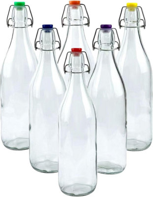 Simpa 6Pc Clear 1L Round Bottles & Assorted Colour Swing Top Lids from B&Q