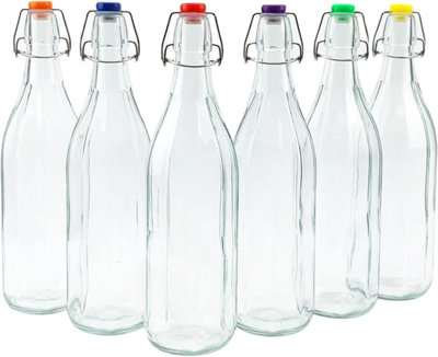 Simpa 6Pc Clear 1L Octagonal Bottles & Assorted Colour Swing Top Lids from B&Q