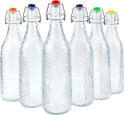 Simpa 6Pc Clear 1L Bottles Embossed Dots & Assorted Colour Swing Top Lids from B&Q