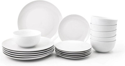Simpa 18Pc Dinnerware Porcelain White Set: 6 Dinner Plates6 Side Plates & 6 Bowls. Dishwasher & Microwave Safe. from B&Q