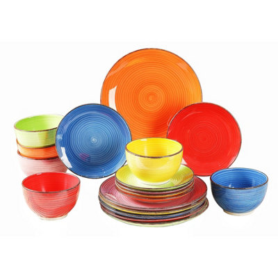 Simpa 18Pc Hand Painted Assorted Bright Colourful Stoneware Dinner Set. from B&Q