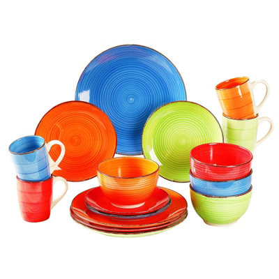 Simpa 16Pc Hand Painted Assorted Bright Colourful Stoneware Dinner Set. from B&Q