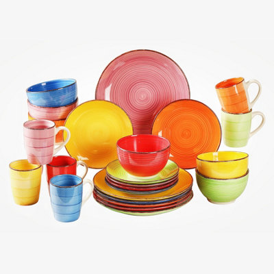 Simpa 24Pc Hand Painted Assorted Bright Colourful Stoneware Dinner Set. from B&Q