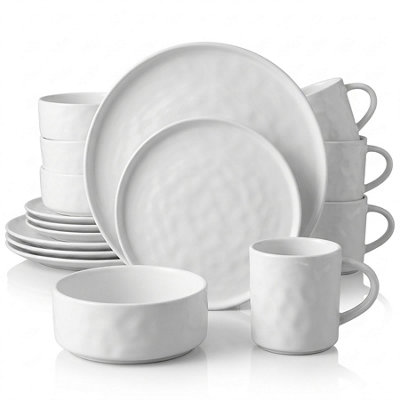 Simpa Unisex White Artisan Hammered Range Stoneware Dinner Set In | Size: 16 Pack - Image 3