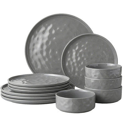 Simpa Unisex Grey Artisan Hammered Range Stoneware Dinner Set In | Size: 12 Pack - Image 3