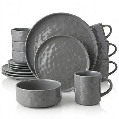 Simpa Unisex Grey Artisan Hammered Range Stoneware Dinner Set In | Size: 16 Pack - Image 3