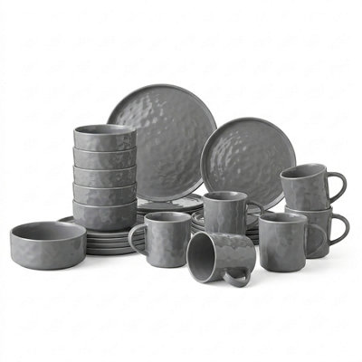 Simpa Unisex Grey Artisan Hammered Range Stoneware Dinner Set In | : Size 24 Pack - Image 3
