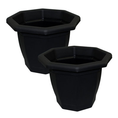 Simpa 2Pc Black Octagonal Plastic Planters 36Cm (Dia). from B&Q