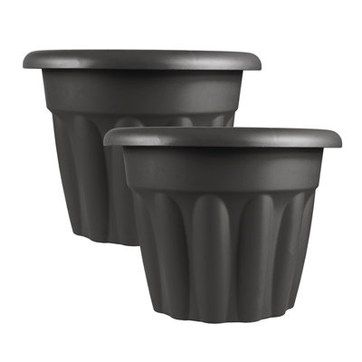Simpa 2Pc Graphite Vista Round Plastic Planters 33Cm (Dia) from B&Q