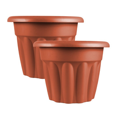 Simpa 2Pc Terracotta Brown Vista Round Plastic Planters 33Cm (Dia) from B&Q