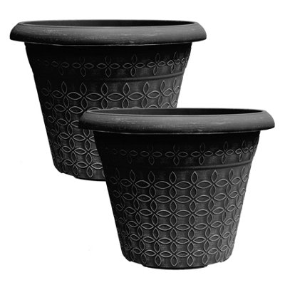 Simpa 2Pc Black Geometric Petals Plastic Plant Pots 34Cm (Dia) from B&Q