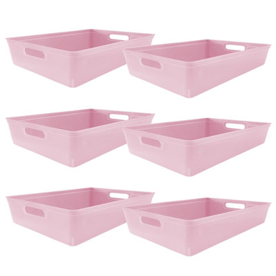 Simpa 6Pc 6L Pastel Pink Plastic Storage Basket Studio Organiser Trays With Handles from B&Q