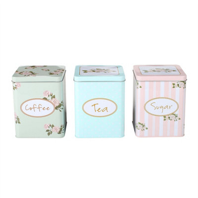 Simpa 3Pc Floral Shabby Chic Square Shaped TeaCoffee & Sugar Canisters. from B&Q