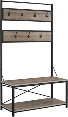 B&Q -  2 Tier Driftwood Rustic Wood Hall Tree Coat Rack Shoe Bench Entry Organiser