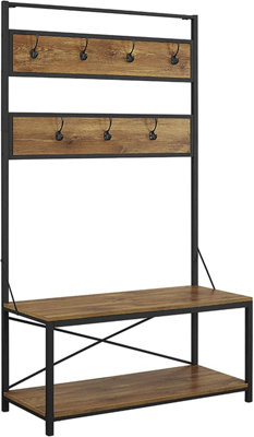 B&Q -  2 Tier Reclaimed Wood Rustic Wood Hall Tree Coat Rack Shoe Bench Entry Organiser