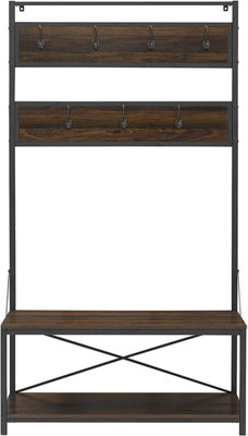 B&Q -  2 Tier Dark Walnut Rustic Wood Hall Tree Coat Rack Shoe Bench Entry Organiser
