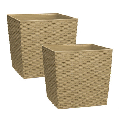 Simpa 2Pc Beige 15L Cubie Rattan Plastic Planters25Cm (H) X 25Cm (W) X 25Cm (D) from B&Q