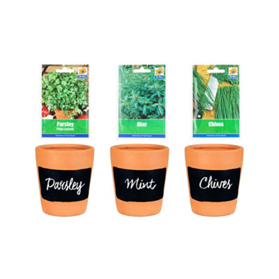 Simpa 3Pc Terracotta Chalkboard Herb Planters With ParsleyMint And Chive Seeds. from B&Q