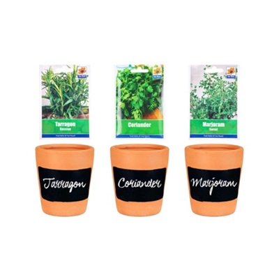 Simpa 3Pc Terracotta Chalkboard Herb Planters With TarragonCoriander And Marjoram Seeds. from B&Q