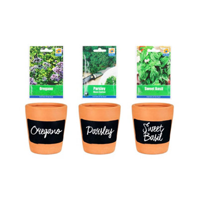 Simpa 3Pc Terracotta Chalkboard Herb Planters With OreganoParsley And Sweet Basil Seeds. from B&Q