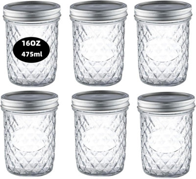 Simpa 6Pk 475Ml/16Oz Quilted Decorative Glass Mason Jars With Silver Metal Airtight Lids. from B&Q
