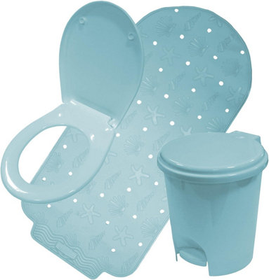 Simpa Blue 3Pc Bathroom Set: Bath Mat, Bin & Toilet Seat Size 3