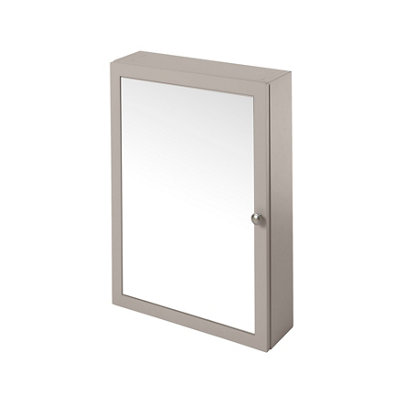 Light grey wall hung Perma mirrored bathroom cabinet.