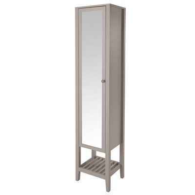 Light grey freestanding tall Perma mirrored bathroom cabinet.