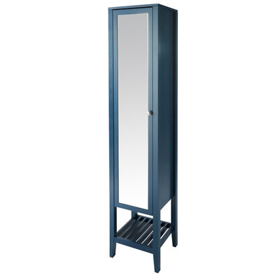 Blue freestanding tall Perma mirrored bathroom cabinet.